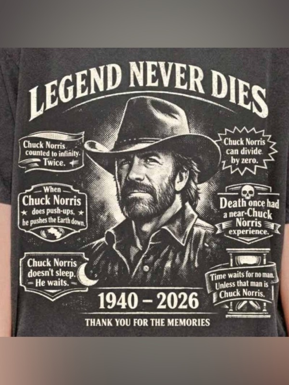 Chuck Norris “Legend Never Dies” Graphic T-Shirt – Funny Tribute Tee